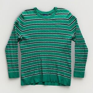 Basic Editions Women XL Long Sleeve Y2K Striped Cable Knit Sweater Preppy Green